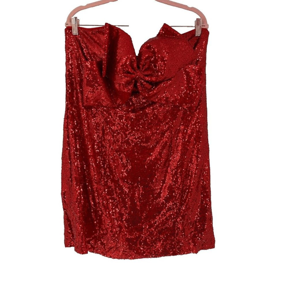 Perfectly Priscilla Dress Womens 3X Red Sequins Bow Strapless Mini Sparkle